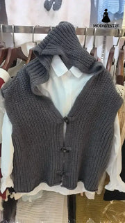 Solid Color Thick Needle Hooded Vest Knitted Cardigan Dark Gray / Average Size