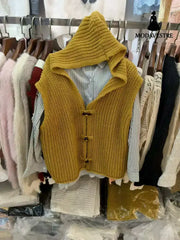 Solid Color Thick Needle Hooded Vest Knitted Cardigan Khaki / Average Size