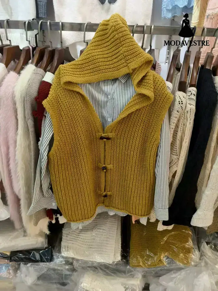 Solid Color Thick Needle Hooded Vest Knitted Cardigan Khaki / Average Size