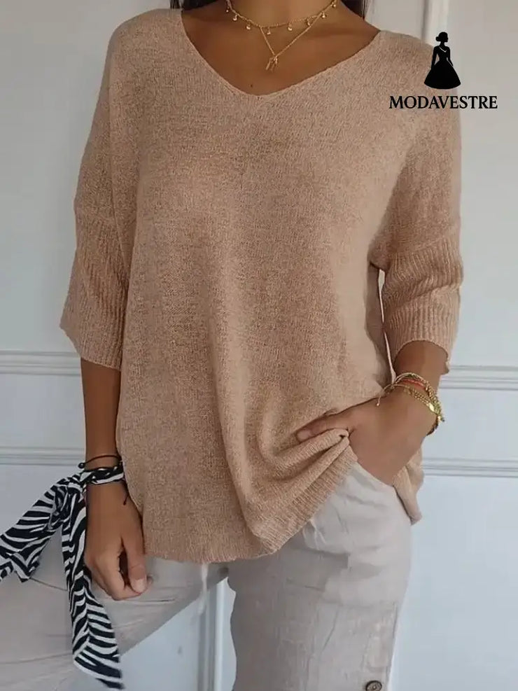 Solid Long Sleeve Sweater Slimming V-neckline Knitwear Women’s Bottoming Shirt 2058 Beige / L / 1pcs