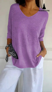 Solid Long Sleeve Sweater Slimming V-neckline Knitwear Women’s Bottoming Shirt 2062 Noble Purple / L / 1pcs