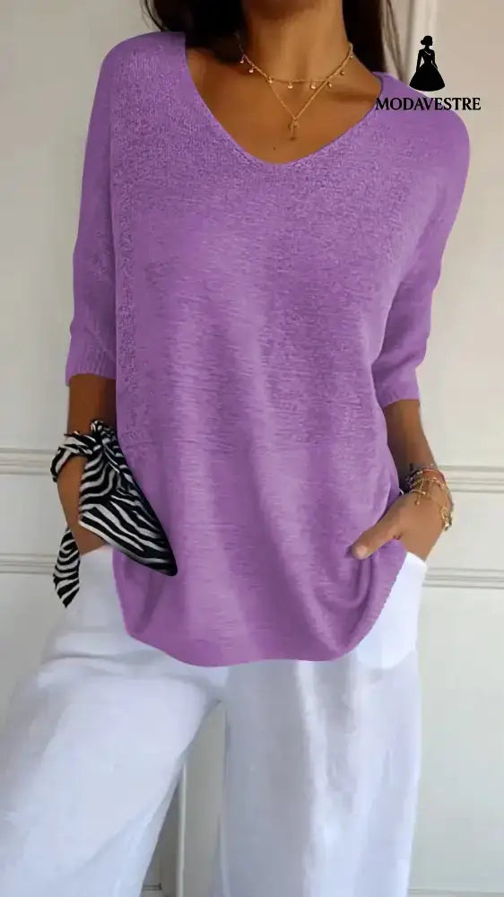 Solid Long Sleeve Sweater Slimming V-neckline Knitwear Women’s Bottoming Shirt 2062 Noble Purple / L / 1pcs
