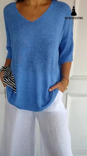 Solid Long Sleeve Sweater Slimming V-neckline Knitwear Women’s Bottoming Shirt 2085 Deep Peacock Blue / L / 1pcs