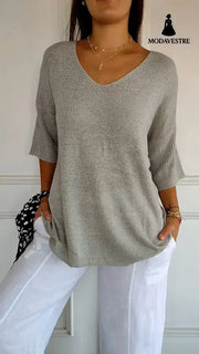 Solid Long Sleeve Sweater Slimming V-neckline Knitwear Women’s Bottoming Shirt 2115 Light Gray / L / 1pcs