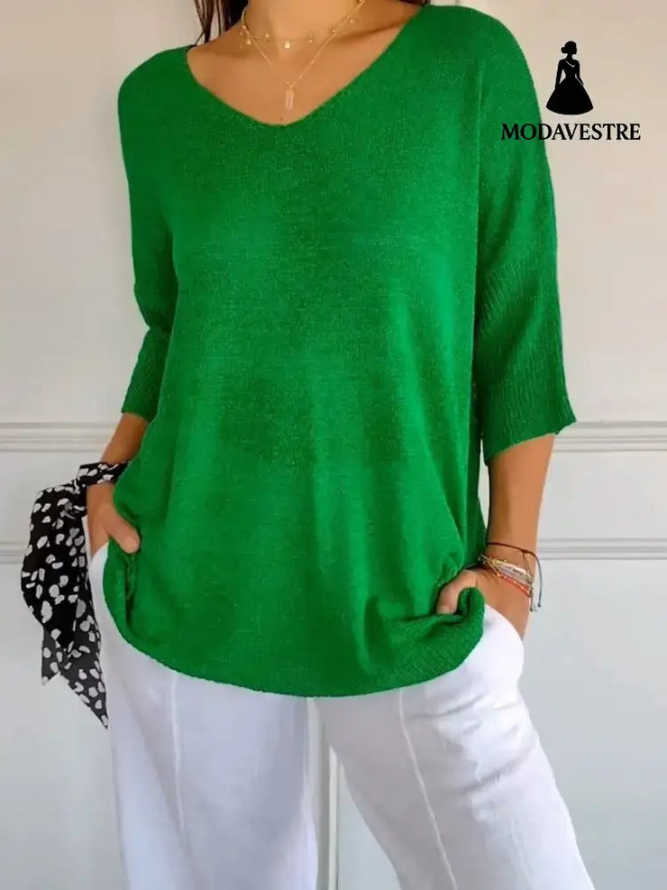 Solid Long Sleeve Sweater Slimming V-neckline Knitwear Women’s Bottoming Shirt 2118 Bright Green / L / 1pcs