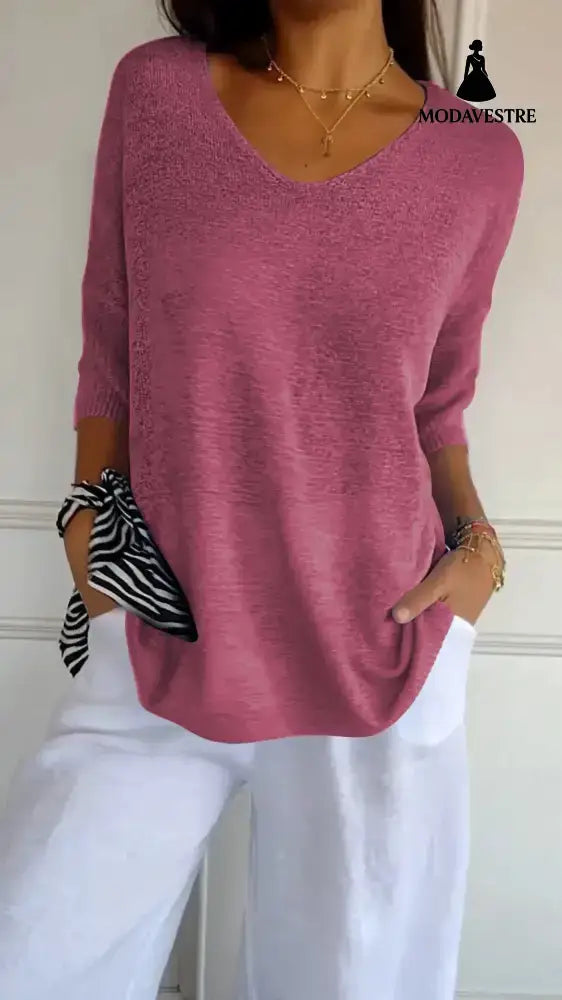 Solid Long Sleeve Sweater Slimming V-neckline Knitwear Women’s Bottoming Shirt 2178 Carmine / L / 1pcs
