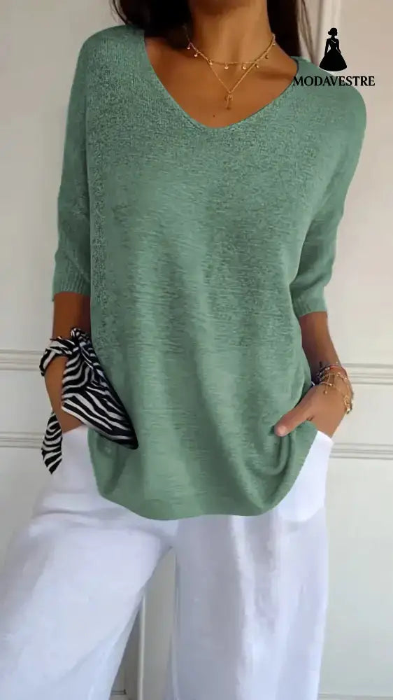 Solid Long Sleeve Sweater Slimming V-neckline Knitwear Women’s Bottoming Shirt 2231 Light Grayish Green / L / 1pcs