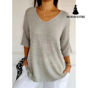 Solid Long Sleeve Sweater Slimming V-neckline Knitwear Women’s Bottoming Shirt