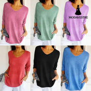 Solid Long Sleeve Sweater Slimming V-neckline Knitwear Women’s Bottoming Shirt