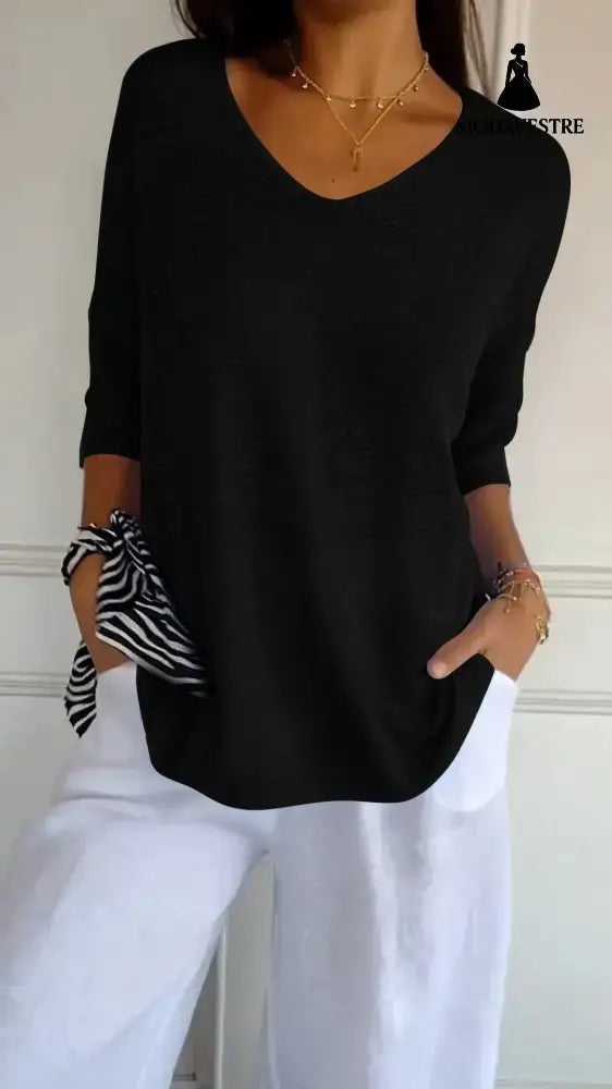 Solid Long Sleeve Sweater Slimming V-neckline Knitwear Women’s Bottoming Shirt Black / L / 1pcs