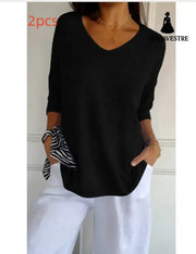 Solid Long Sleeve Sweater Slimming V-neckline Knitwear Women’s Bottoming Shirt Black / L / 2pcs