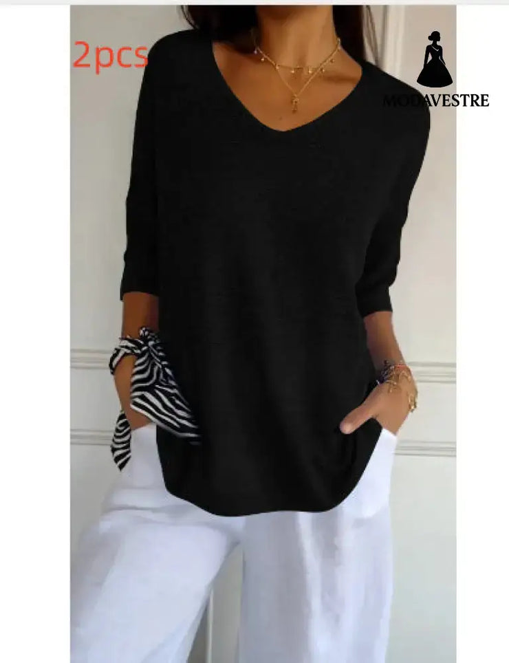 Solid Long Sleeve Sweater Slimming V-neckline Knitwear Women’s Bottoming Shirt Black / L / 2pcs