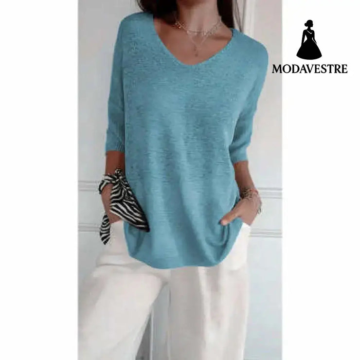 Solid Long Sleeve Sweater Slimming V-neckline Knitwear Women’s Bottoming Shirt Turquoise / L / 1pcs