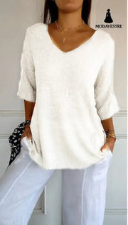 Solid Long Sleeve Sweater Slimming V-neckline Knitwear Women’s Bottoming Shirt White / L / 1pcs