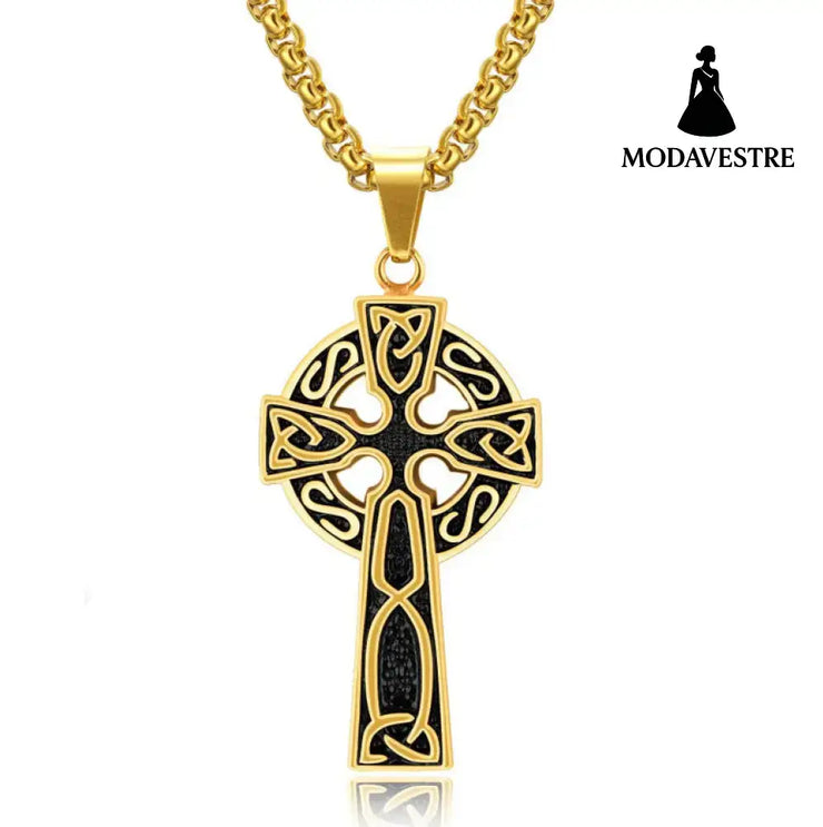 Spiral Cross Pearl Chain Necklace Titanium Steel Retro Pendant Gold + Titanium Steel Chain