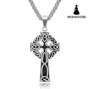 Spiral Cross Pearl Chain Necklace Titanium Steel Retro Pendant Silver + Titanium Steel Chain