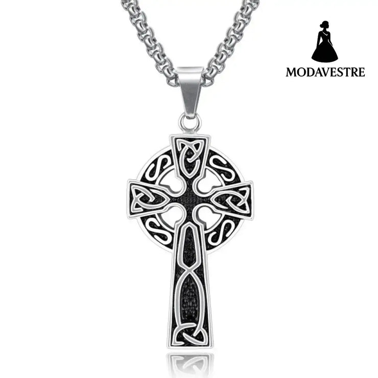 Spiral Cross Pearl Chain Necklace Titanium Steel Retro Pendant Silver + Titanium Steel Chain