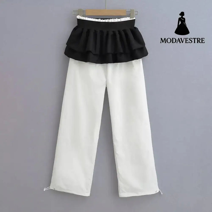 Splicing design for layering wide leg pants Black Floral Patchwork White Pants / S