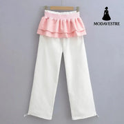 Splicing design for layering wide leg pants Pink Flower Patchwork White Pants / S