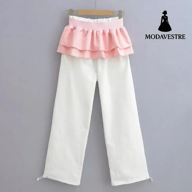 Splicing design for layering wide leg pants Pink Flower Patchwork White Pants / S