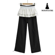 Splicing design for layering wide leg pants White Flower Patchwork Black Pants / S