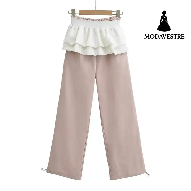 Splicing design for layering wide leg pants White Flower Patchwork Pink Pants / S