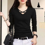 Spring And Autumn Long Sleeve Slim Fit Plus Size V-neck Cross Bottoming Shirt Top For Women