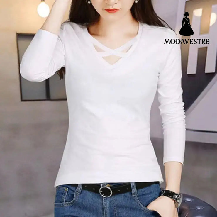 Spring And Autumn Long Sleeve Slim Fit Plus Size V-neck Cross Bottoming Shirt Top For Women