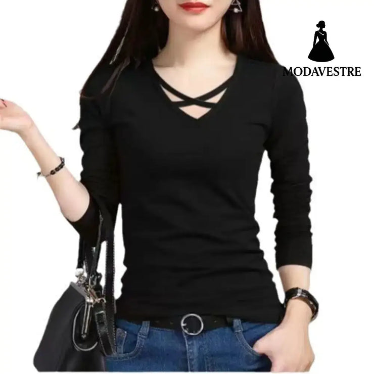 Spring And Autumn Long Sleeve Slim Fit Plus Size V-neck Cross Bottoming Shirt Top For Women