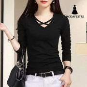 Spring And Autumn Long Sleeve Slim Fit Plus Size V-neck Cross Bottoming Shirt Top For Women Black / 2XL