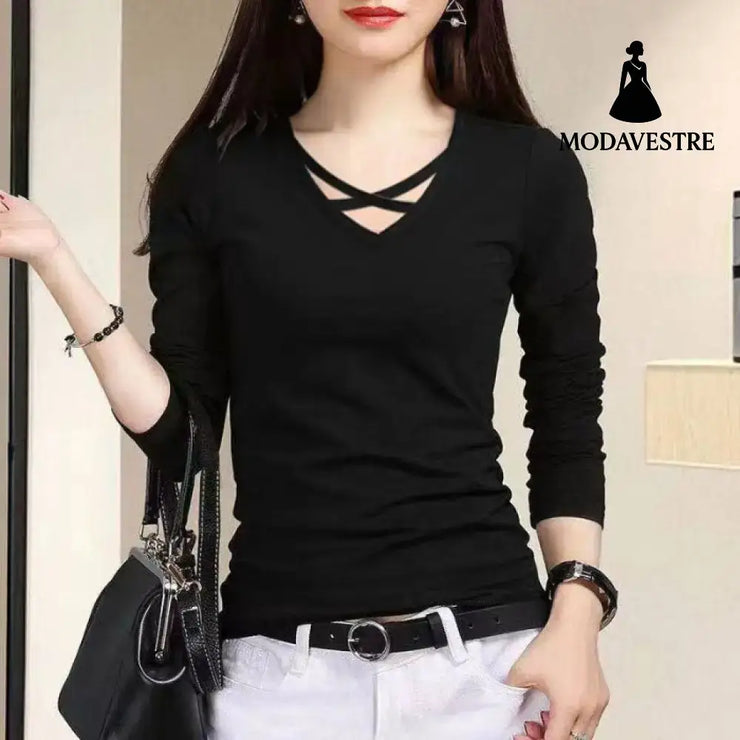 Spring And Autumn Long Sleeve Slim Fit Plus Size V-neck Cross Bottoming Shirt Top For Women Black / 2XL