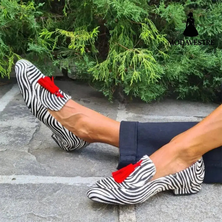 Spring And Autumn Tassel Low Heel Round Head 40-43 Low-cut Plus Size Leopard Print Casual Loafers Zebra Stripes / 34