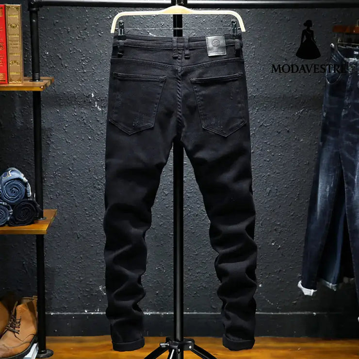 Spring And Summer New Jeans Pure Black Ripped Stretch Jeans Men Black Jeans Men Black / 28