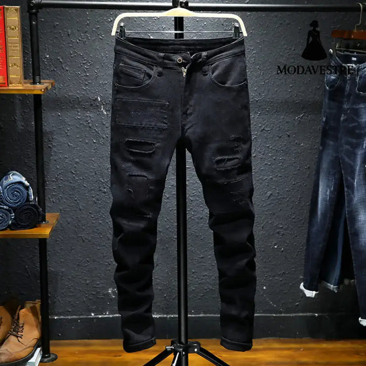 Spring And Summer New Jeans Pure Black Ripped Stretch Jeans Men Black Jeans Men