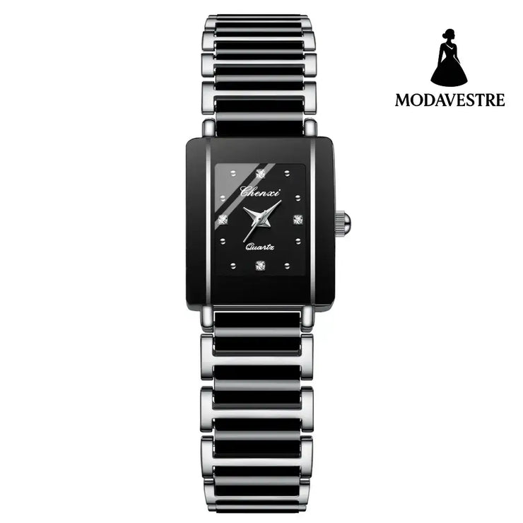 Square Ceramic Couple Watch – Quartz Movement for Him & Her Female Black