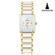 Square Ceramic Couple Watch – Quartz Movement for Him & Her Female Gold White