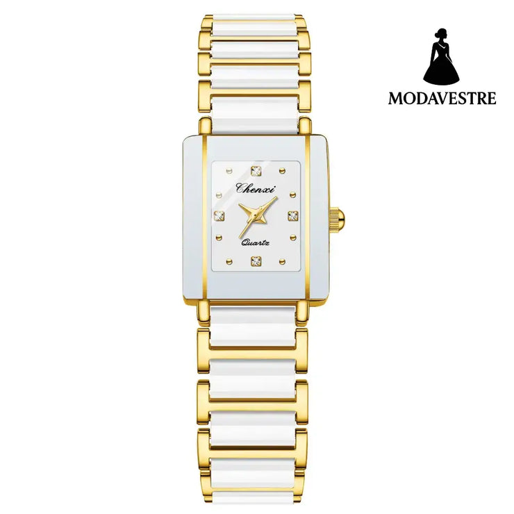Square Ceramic Couple Watch – Quartz Movement for Him & Her Female Gold White