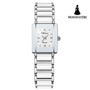 Square Ceramic Couple Watch – Quartz Movement for Him & Her Female White