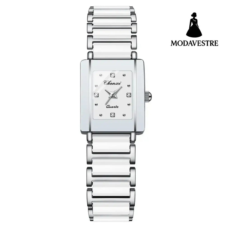 Square Ceramic Couple Watch – Quartz Movement for Him & Her Female White