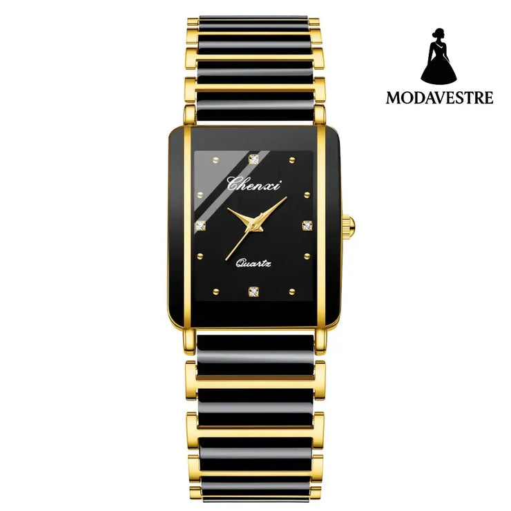 Square Ceramic Couple Watch – Quartz Movement for Him & Her Male Gold Black