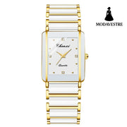 Square Ceramic Couple Watch – Quartz Movement for Him & Her Male Gold White
