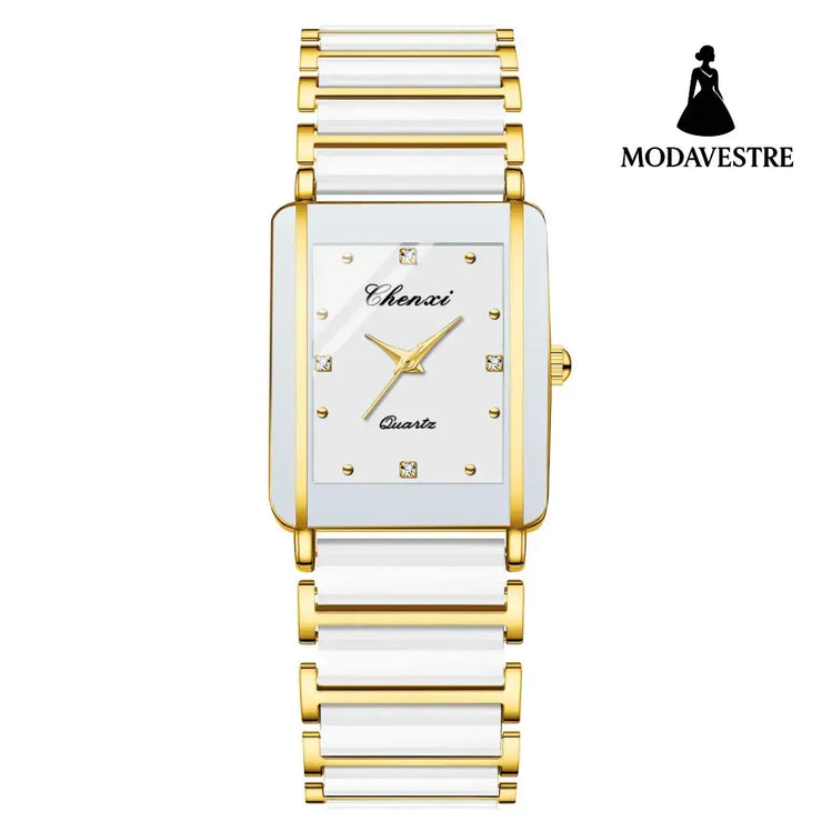 Square Ceramic Couple Watch – Quartz Movement for Him & Her Male Gold White