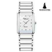 Square Ceramic Couple Watch – Quartz Movement for Him & Her Male White