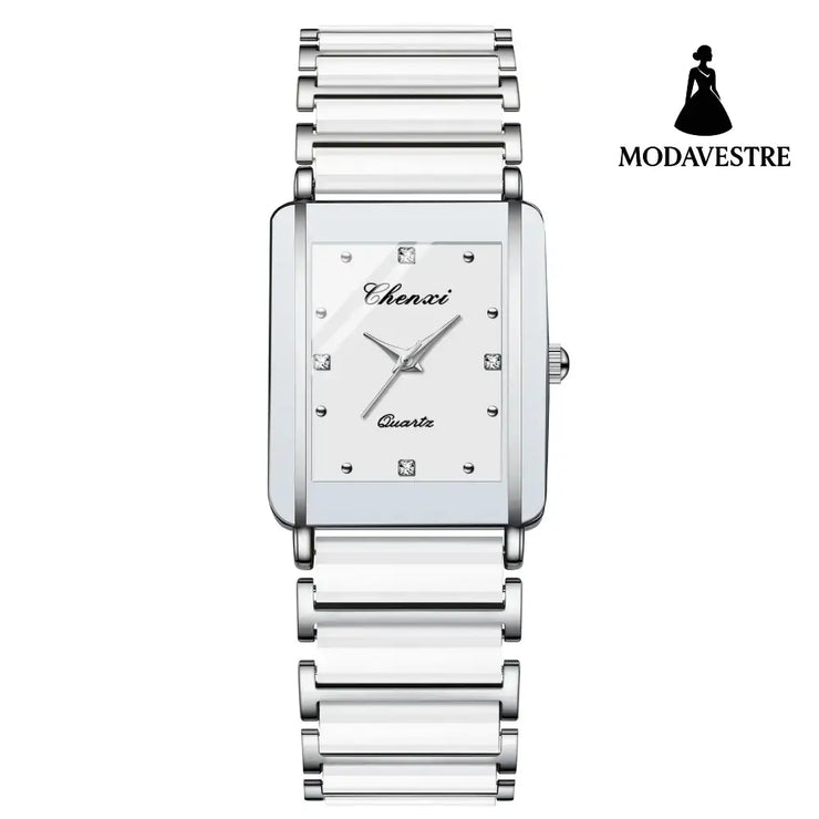 Square Ceramic Couple Watch – Quartz Movement for Him & Her Male White