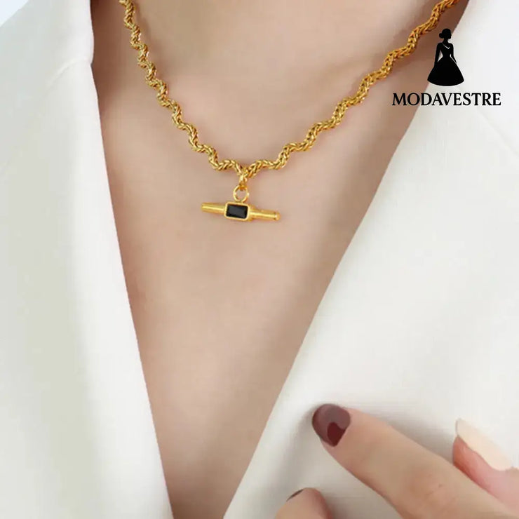 Stainless Steel Glass Cone Shaped Pendant Necklace Black / One Size