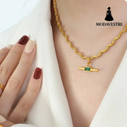 Stainless Steel Glass Cone Shaped Pendant Necklace Dark Green / One Size