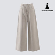 Straight Leg Wide-Leg Denim Pants for Women and Men Loose Fit Grey Wood Color Long Pants / XS