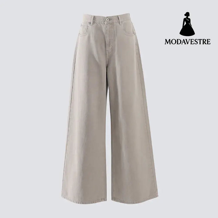 Straight Leg Wide-Leg Denim Pants for Women and Men Loose Fit Grey Wood Color Long Pants / XS