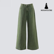 Straight Leg Wide-Leg Denim Pants for Women and Men Loose Fit Light Military Green Long Pants / XS