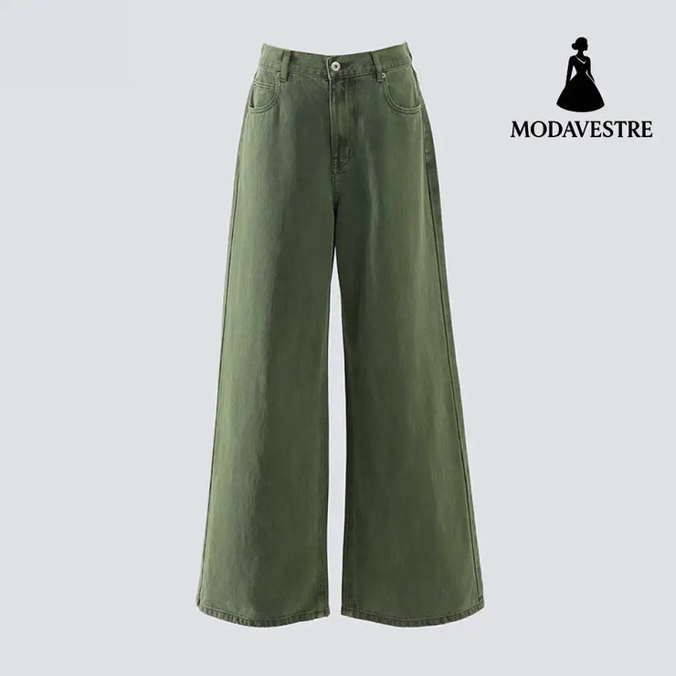 Straight Leg Wide-Leg Denim Pants for Women and Men Loose Fit Light Military Green Long Pants / XS